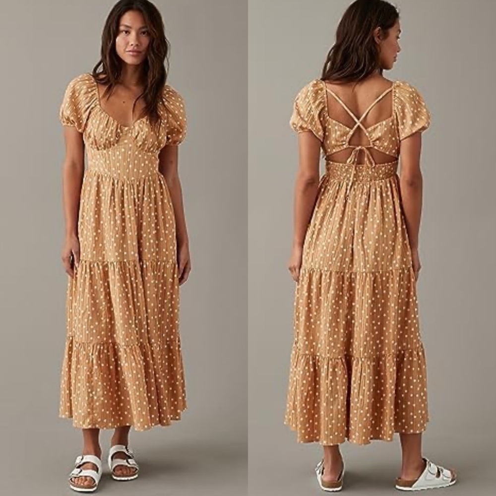 American Eagle Corset Tiered Puff Sleeve Open Back Maxi Dress Tan/White
